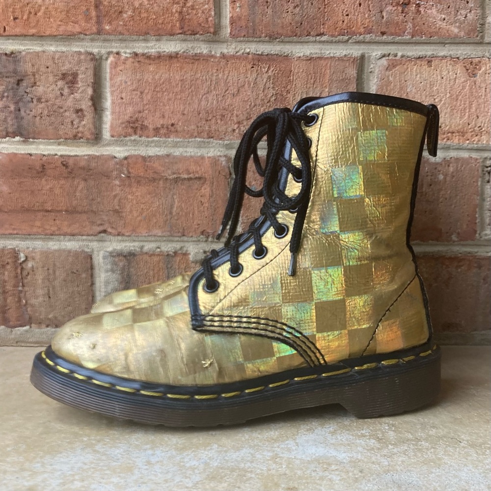 vintage dr. martens MIE 1460 holographic gold checker boots